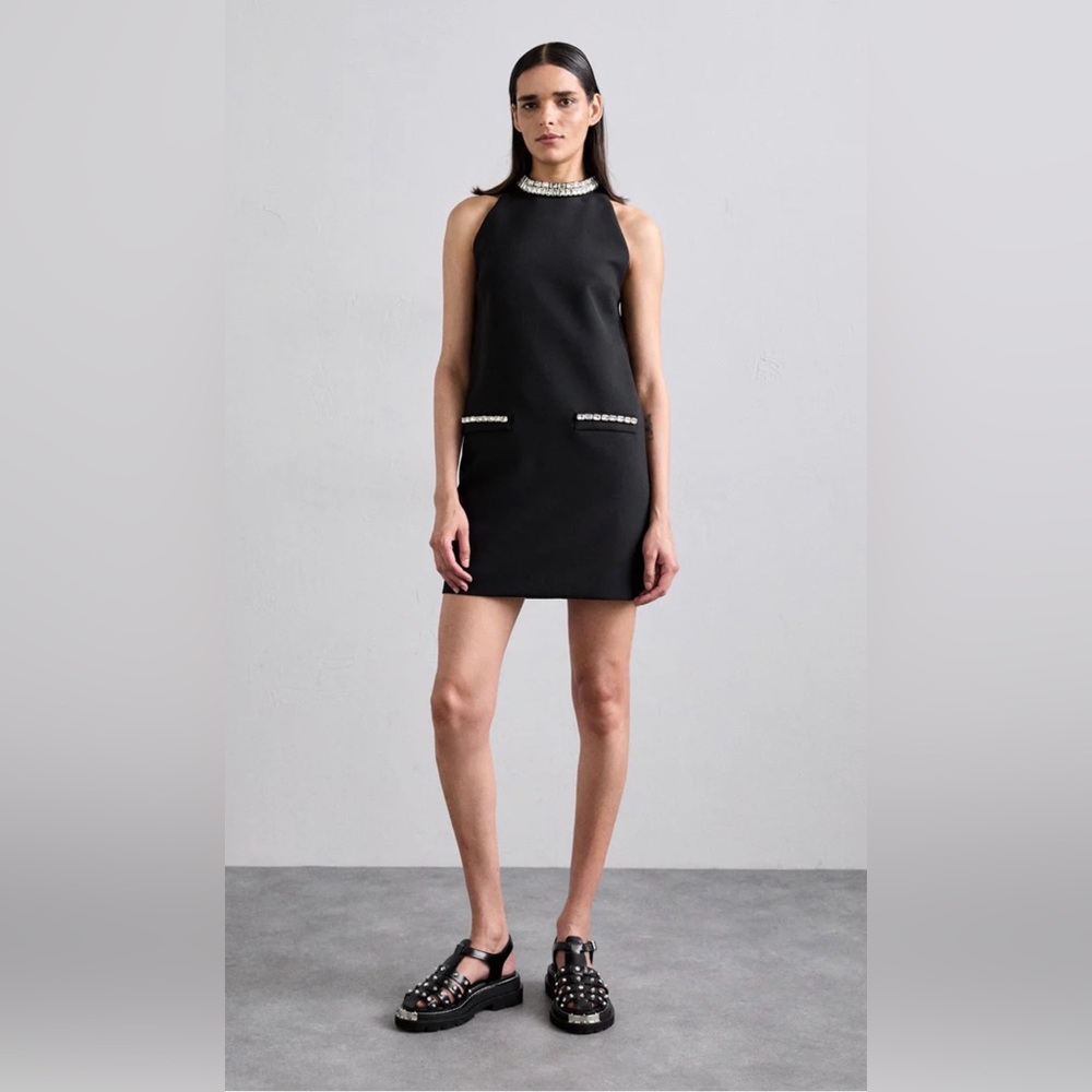 NWT Sandro Elegant Black Mini Dress with Crystal Stones Trim